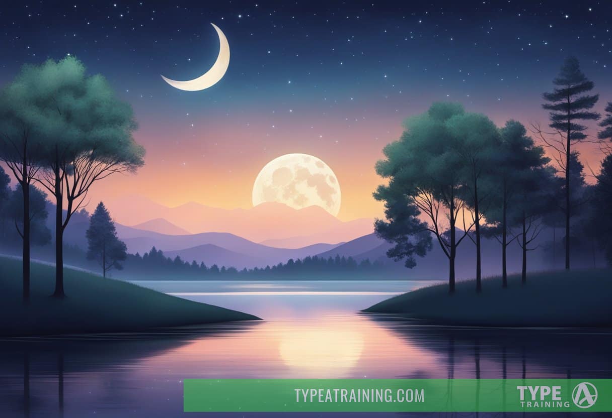 A serene night sky with a crescent moon shining above a peaceful landscape of trees and a tranquil body of water