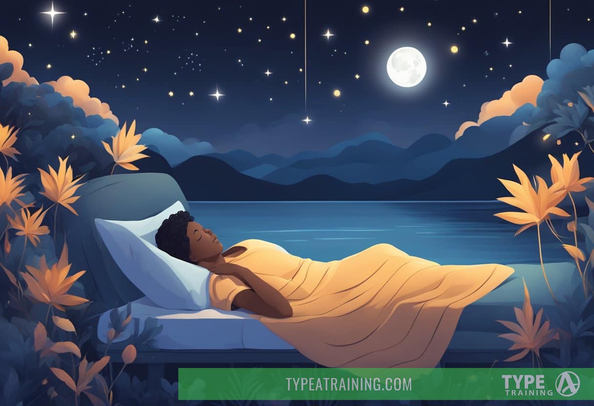 A serene nighttime scene with a person sleeping peacefully, surrounded by calming elements such as stars, moonlight, and soothing nature sounds