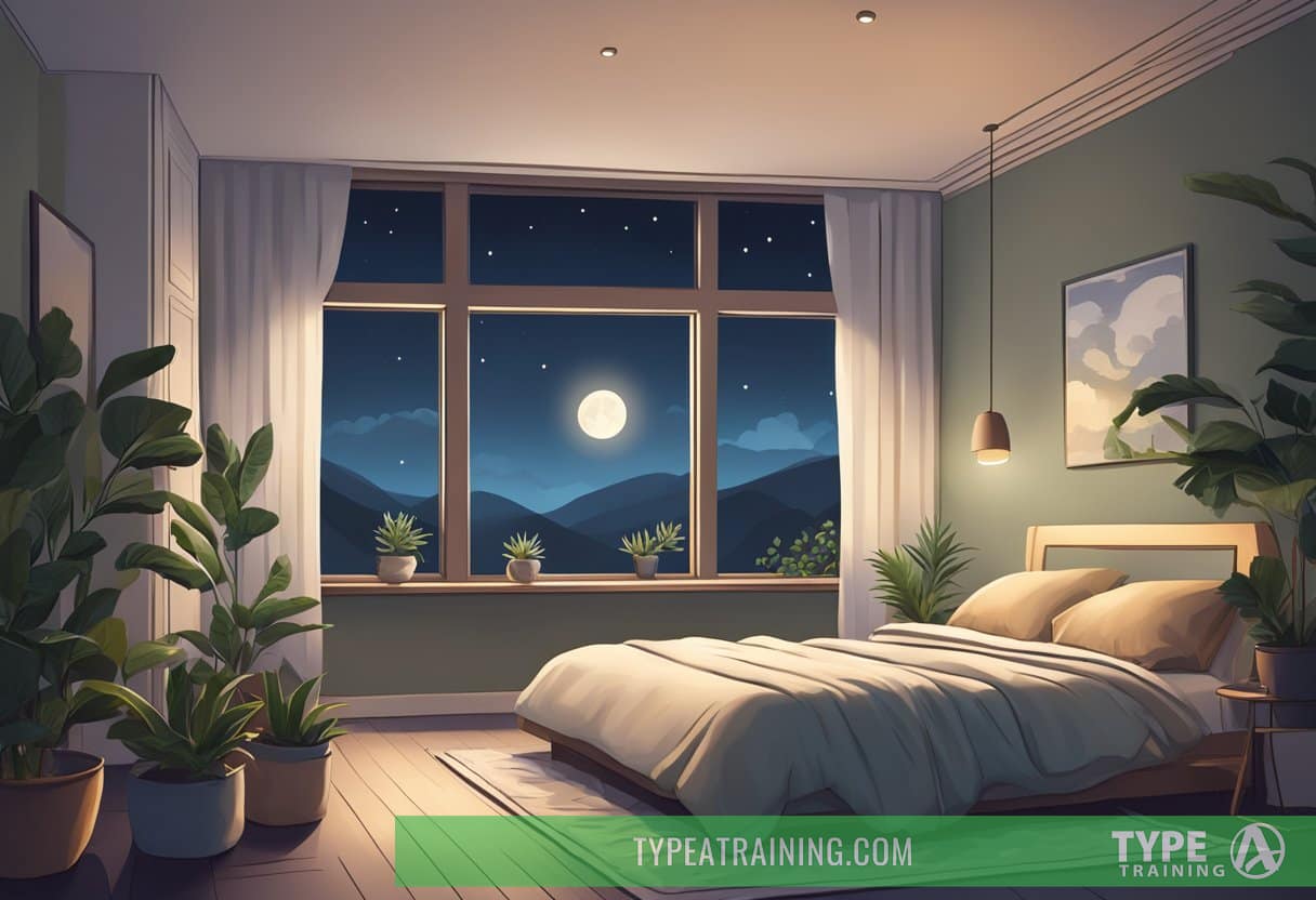 A tranquil bedroom with dim lighting, plants, and a cozy bed, with a window showing a moonlit night sky