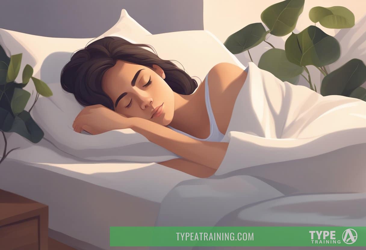 A person lying in bed with eyes closed, surrounded by a serene atmosphere, using acupressure techniques to promote relaxation and restful sleep