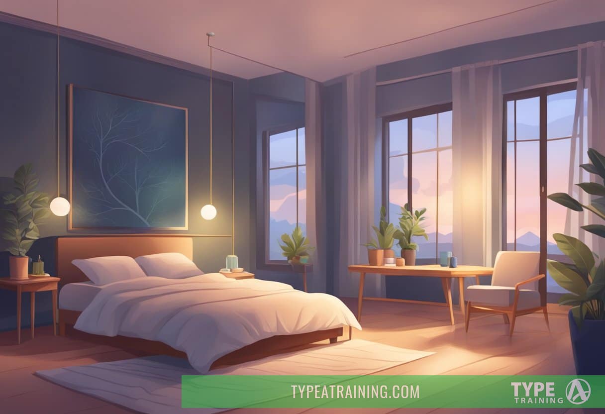A serene bedroom with dim lighting, a comfortable bed, and a person practicing acupressure techniques on themselves to promote relaxation and restful sleep