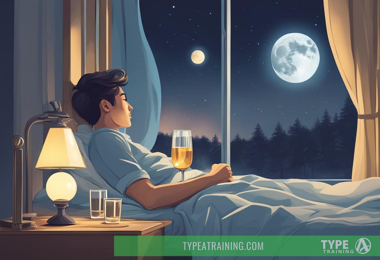 A person lying in bed with a glass of alcohol on the nightstand, tossing and turning with a restless expression. Outside, the moon shines through the window