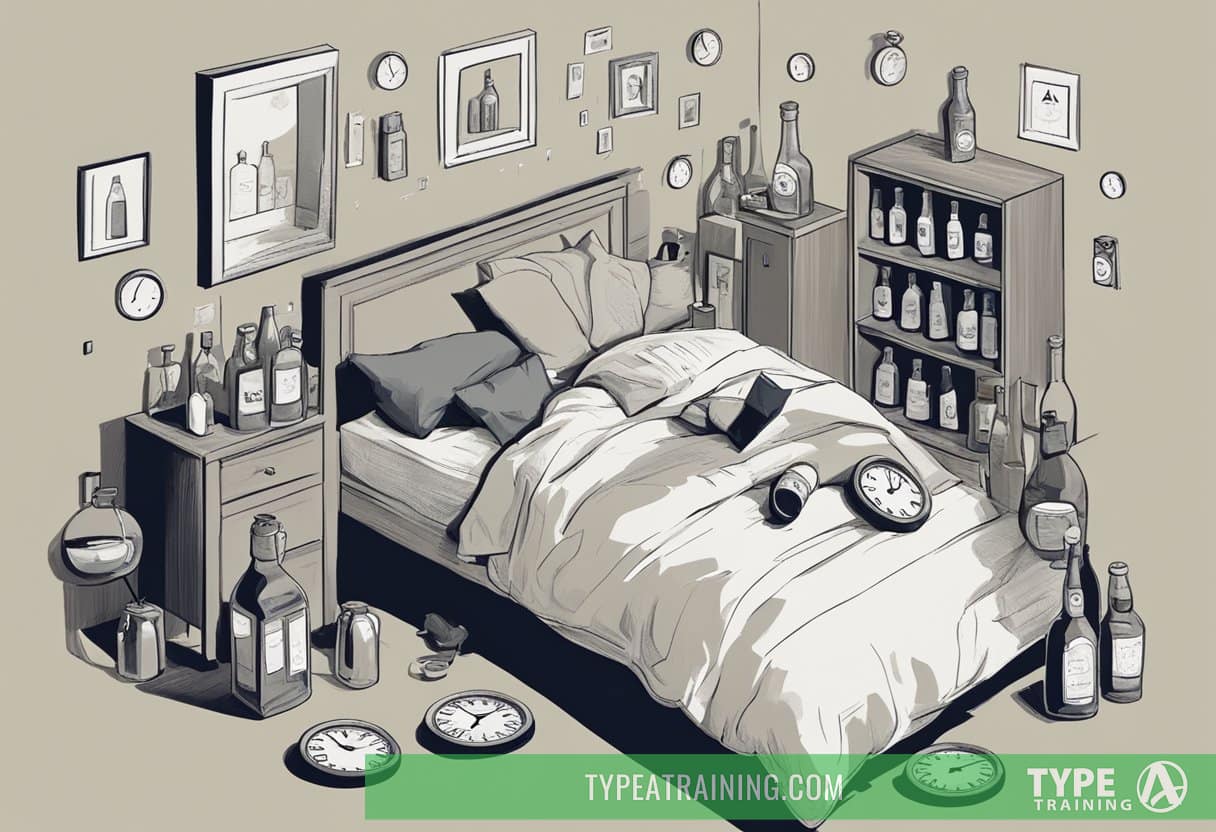 A person tossing and turning in bed, surrounded by empty alcohol bottles and a clock showing various times throughout the night