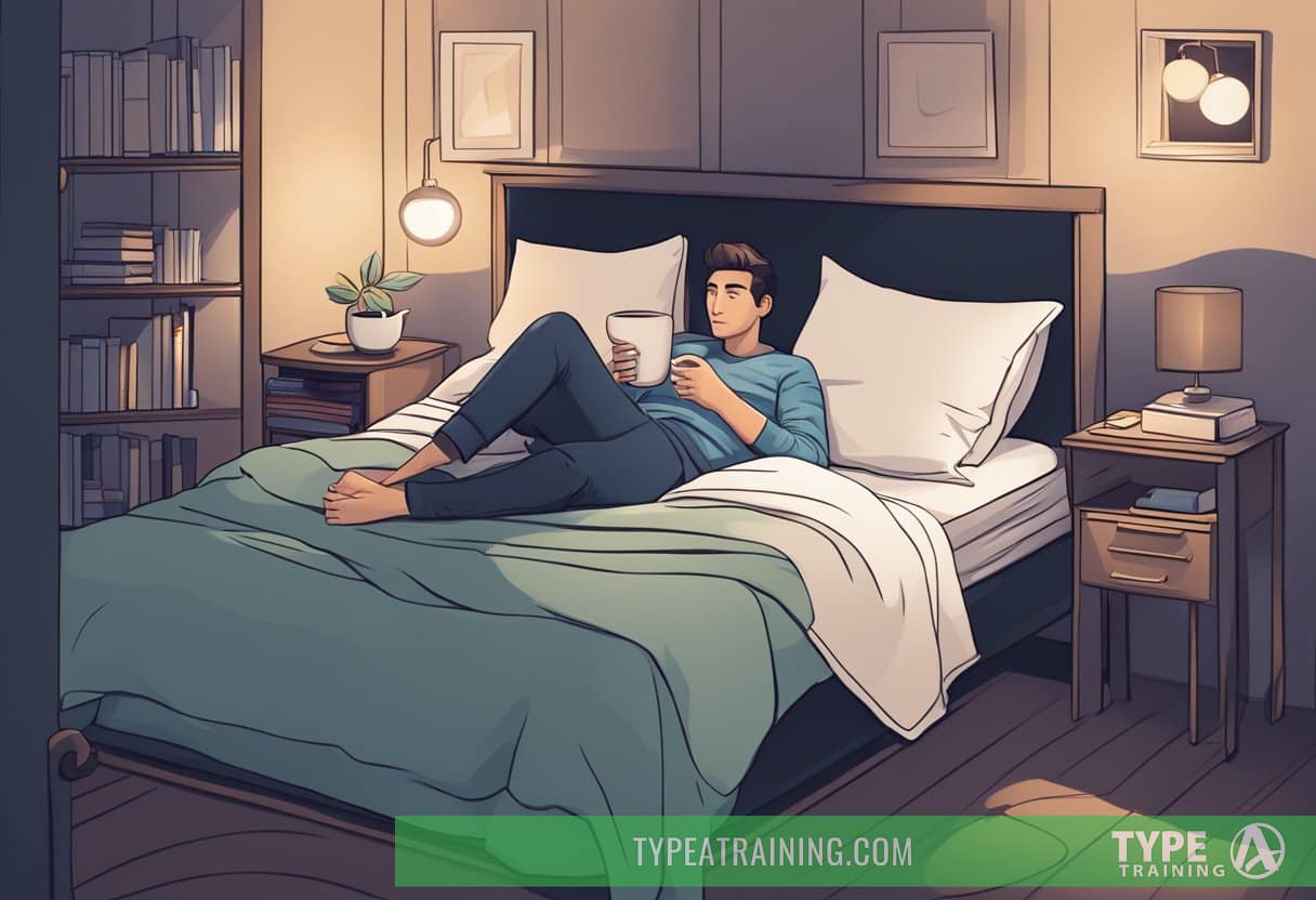 A person lying in bed with a cup of coffee on the nightstand, wide awake with eyes open, surrounded by dark and quiet surroundings