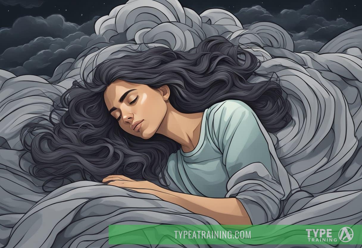 A person lying in bed, eyes wide open, surrounded by swirling dark clouds and tangled sheets