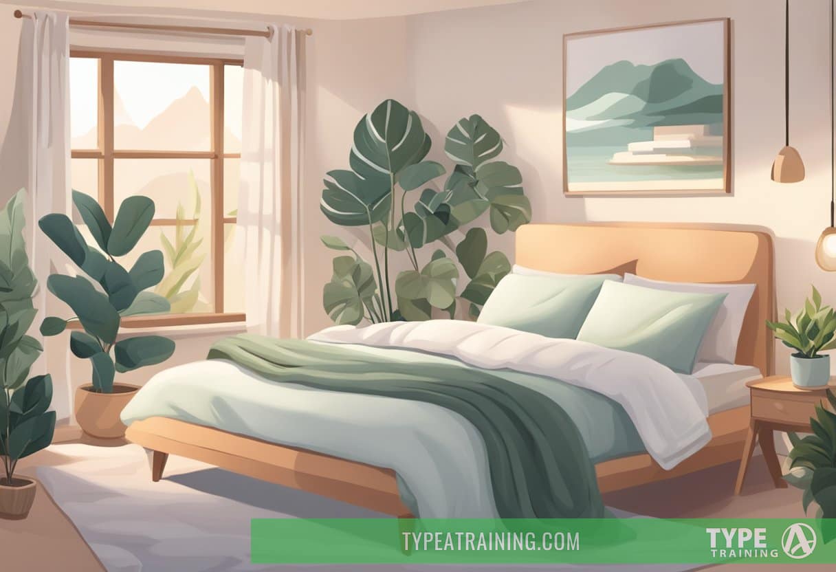 A serene bedroom with soft lighting, plants, and calming colors. A cozy bed with fluffy pillows and a weighted blanket