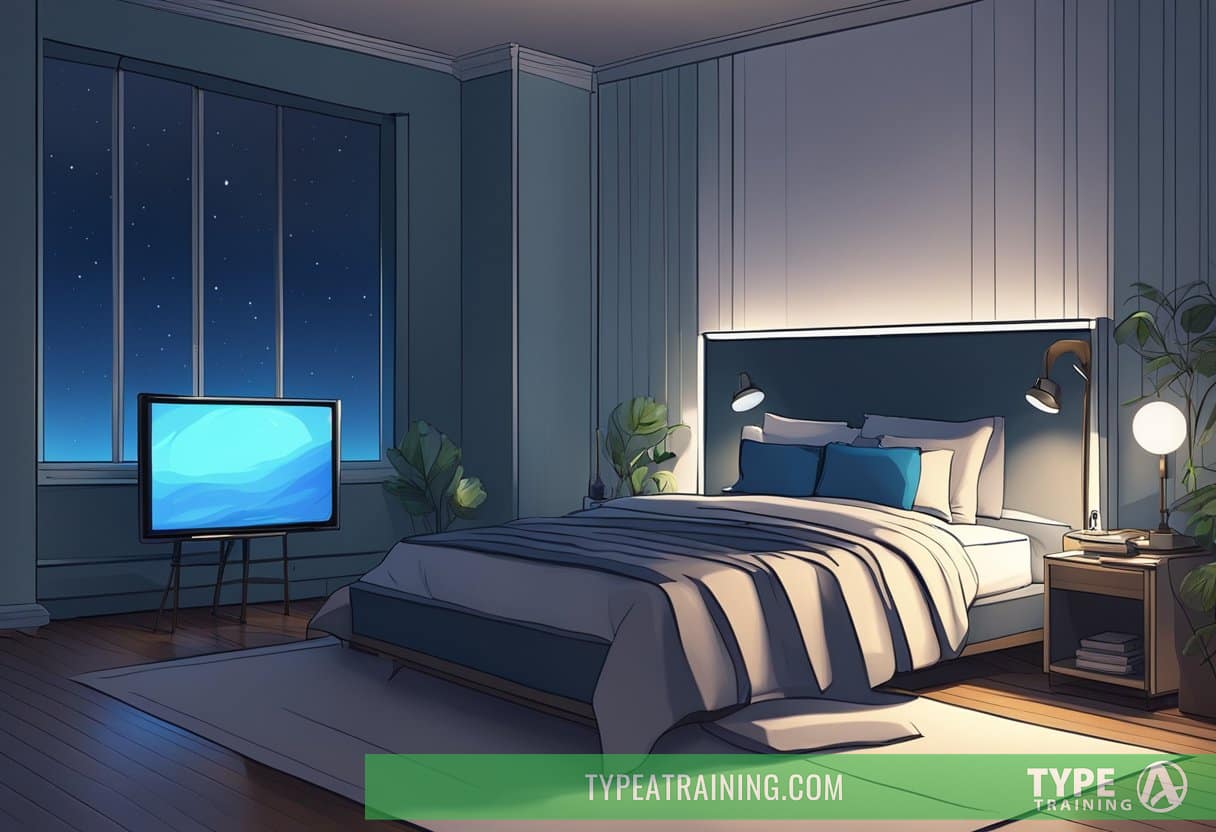 A dimly lit bedroom with a glowing screen casting a blue light onto the bed, while a clock on the wall shows the late hours of the night