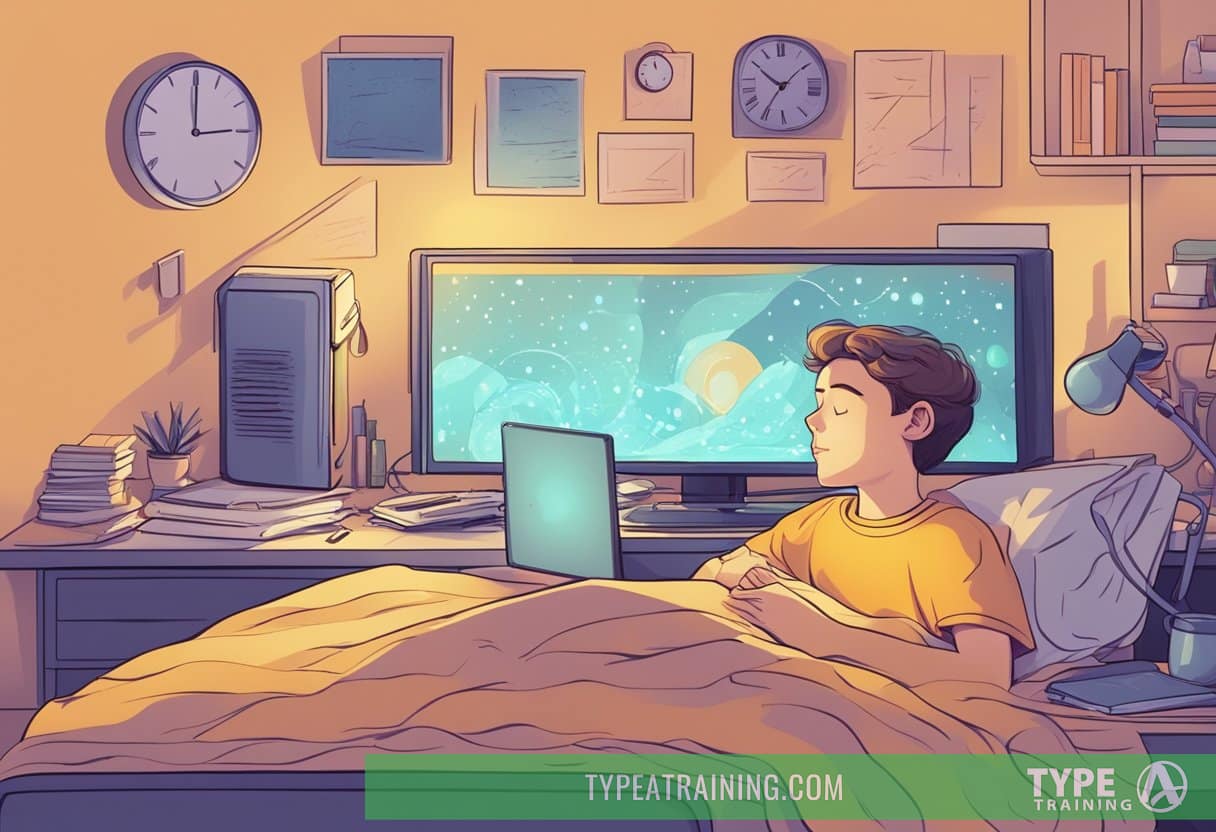 A person lying in bed with a glowing screen illuminating their face, surrounded by a cluttered desk and a clock showing late hours