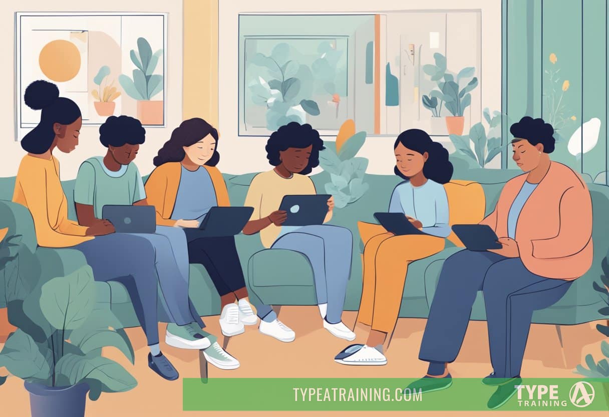 A group of diverse age groups engaging with screens in various settings, with a focus on the impact on sleep and mental health