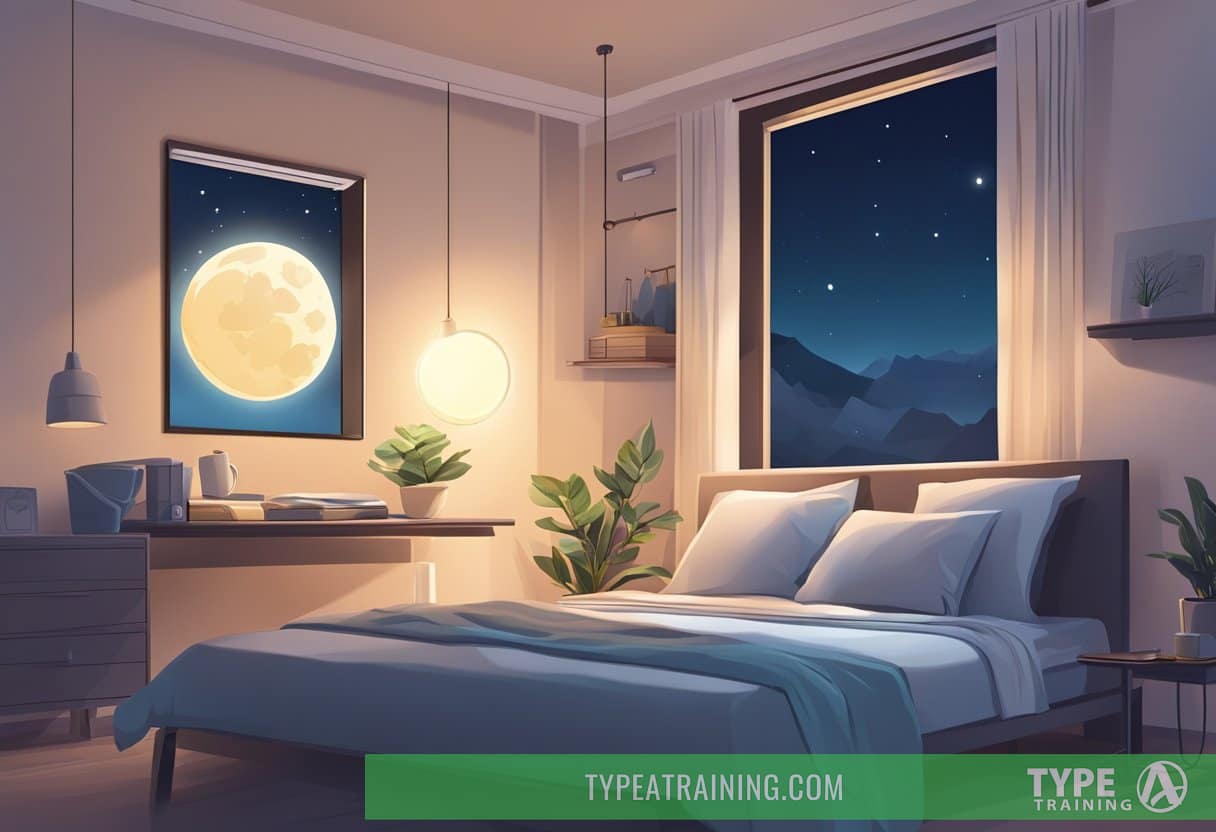 A serene bedroom with a glowing digital clock, a smartphone on the nightstand, and a peaceful moon outside the window