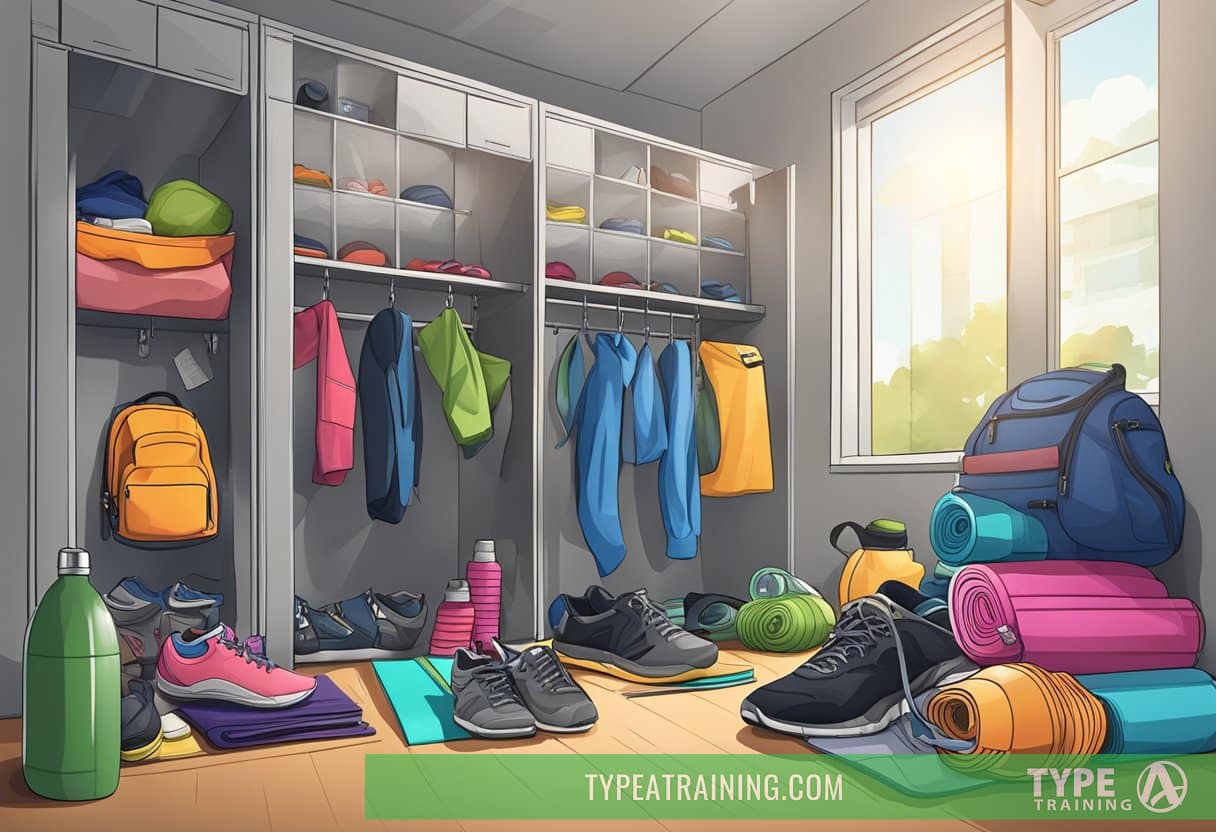 A cluttered gym locker with various workout gear and clothing spilling out, including yoga mats, water bottles, and running shoes