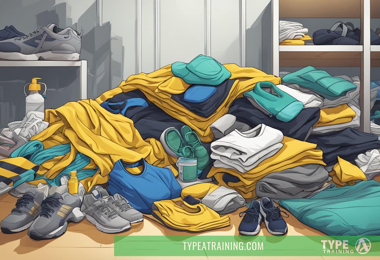 A pile of workout gear and clothing emitting toxic fumes, surrounded by warning signs and caution tape