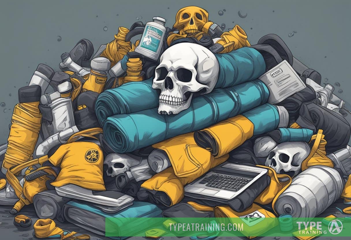 A pile of workout gear emits toxic fumes, surrounded by warning signs and a skull and crossbones symbol