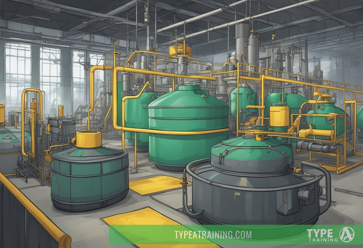 A textile production facility with chemical tanks and warning signs, surrounded by workout gear emitting toxic fumes