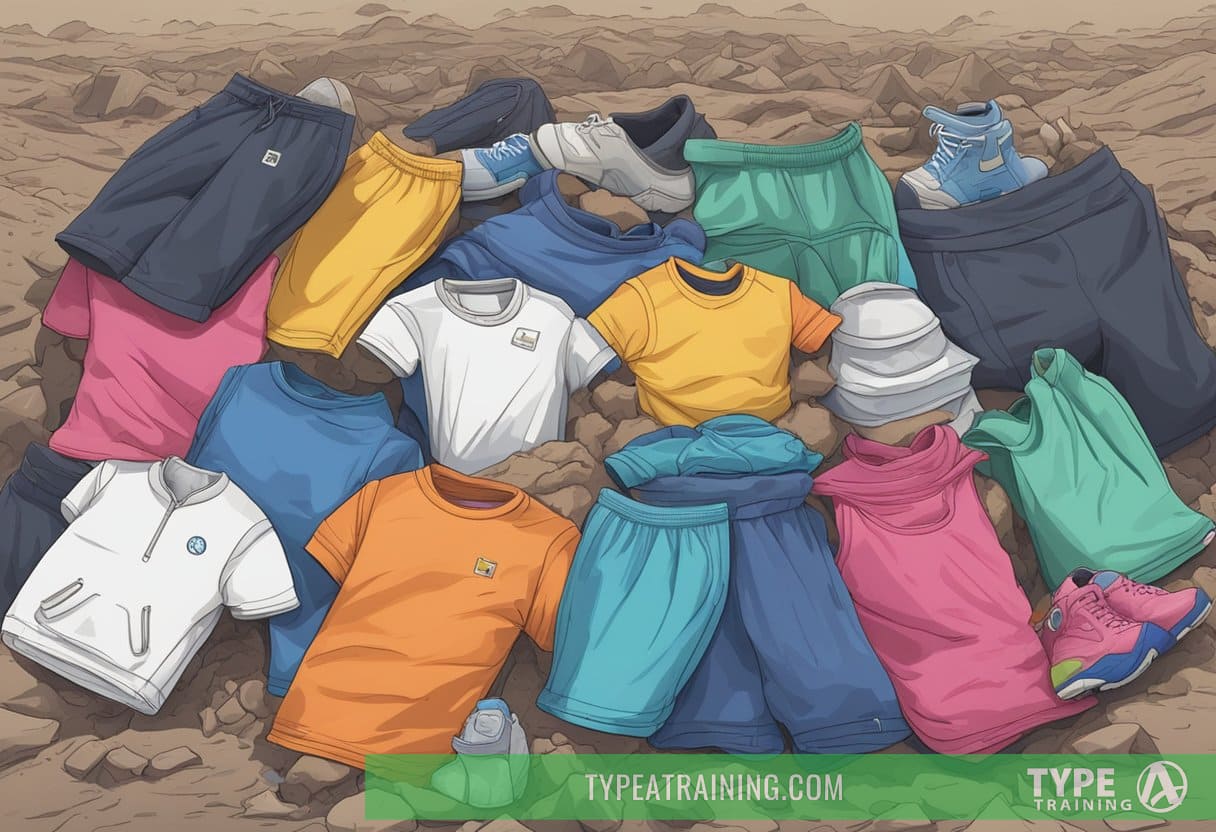 A pile of synthetic workout clothes sits in a landfill, leaching harmful chemicals into the soil and water