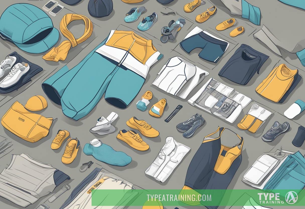 A person browsing through workout gear, surrounded by various types of clothing and equipment, with a focus on labels and materials