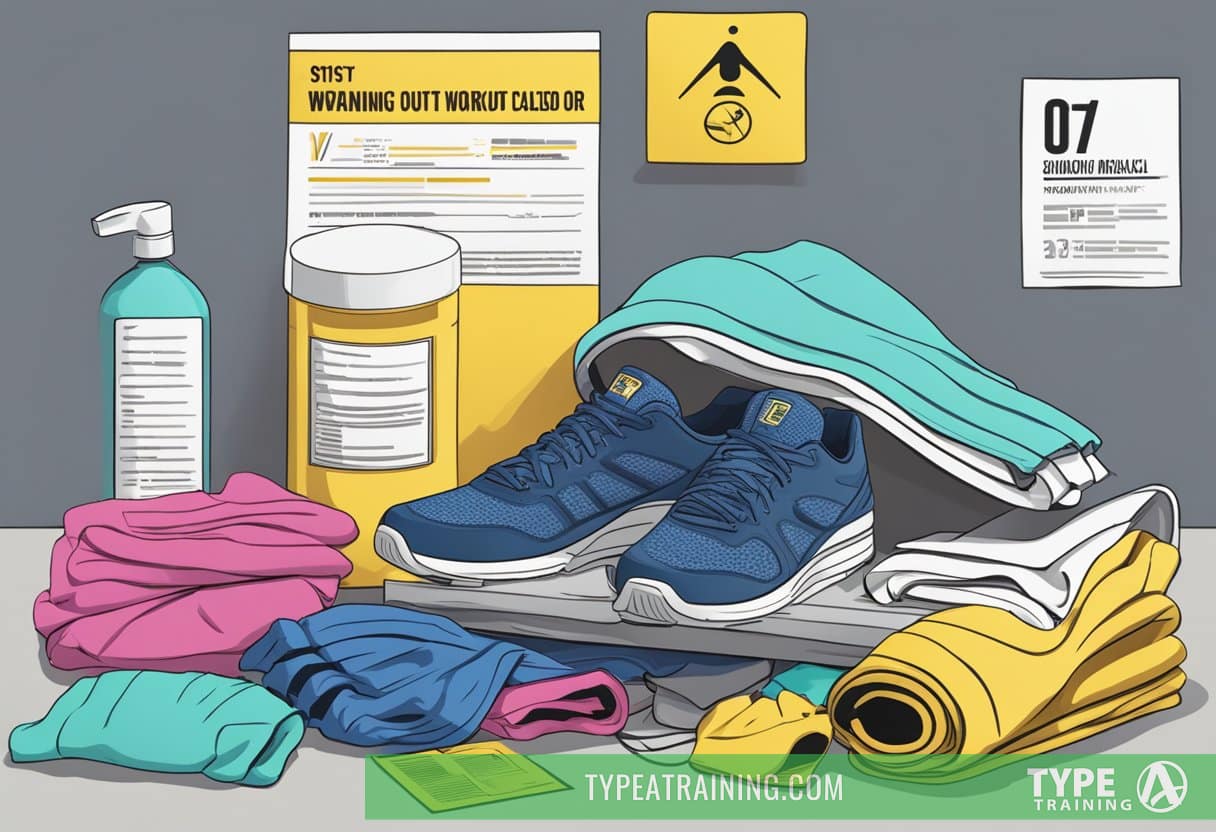A pile of workout clothing, emitting a faint chemical odor, sits next to a warning label
