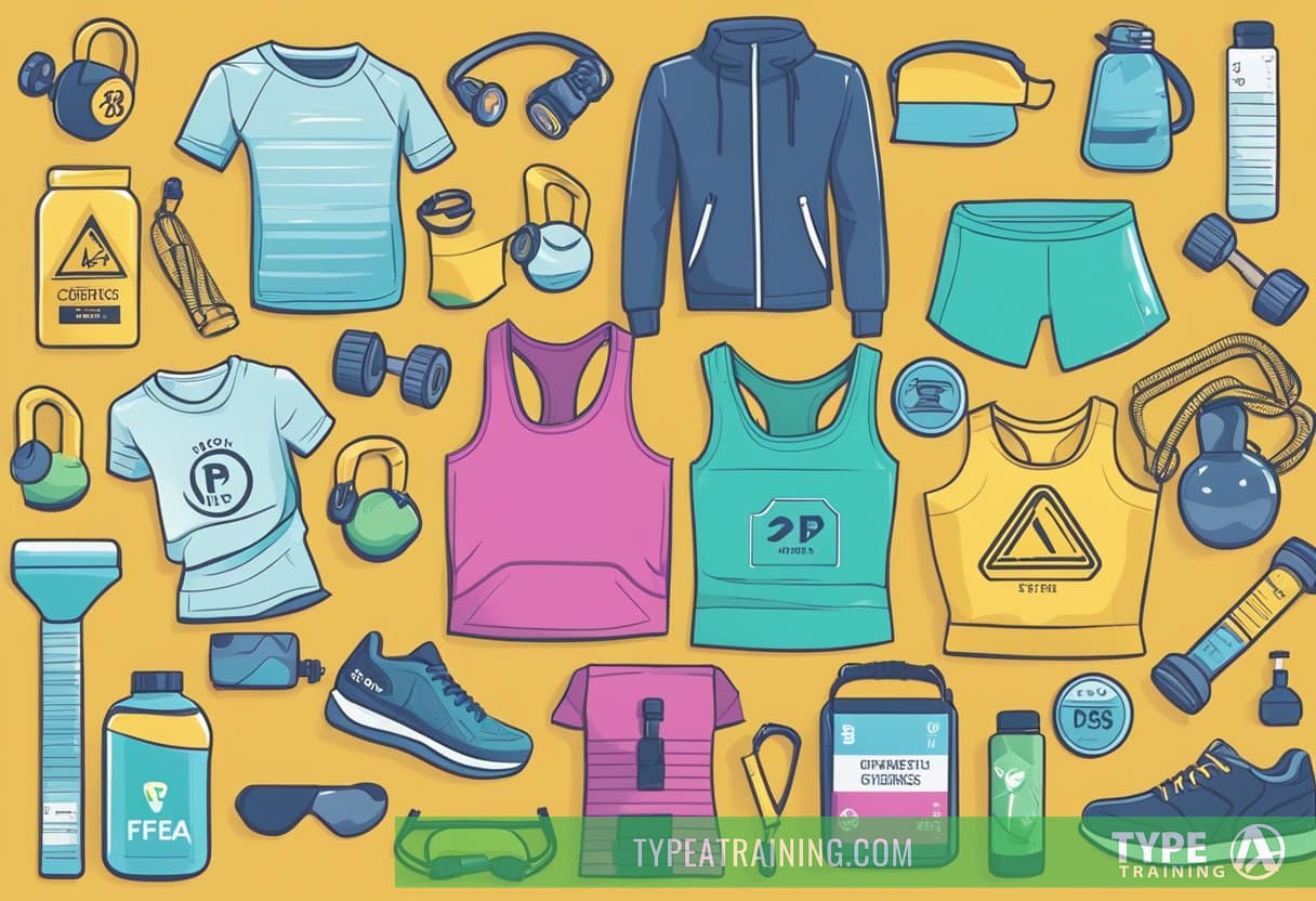 A lineup of 10 fitness apparel brands with PFAS-free labels, surrounded by caution signs and chemical symbols, highlighting the hidden dangers of toxic workout gear