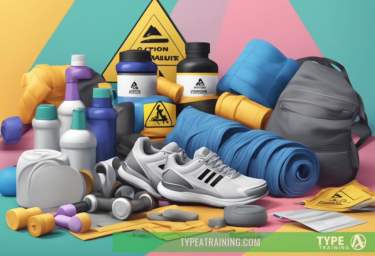 A pile of workout gear with caution symbols and chemical warning labels scattered around