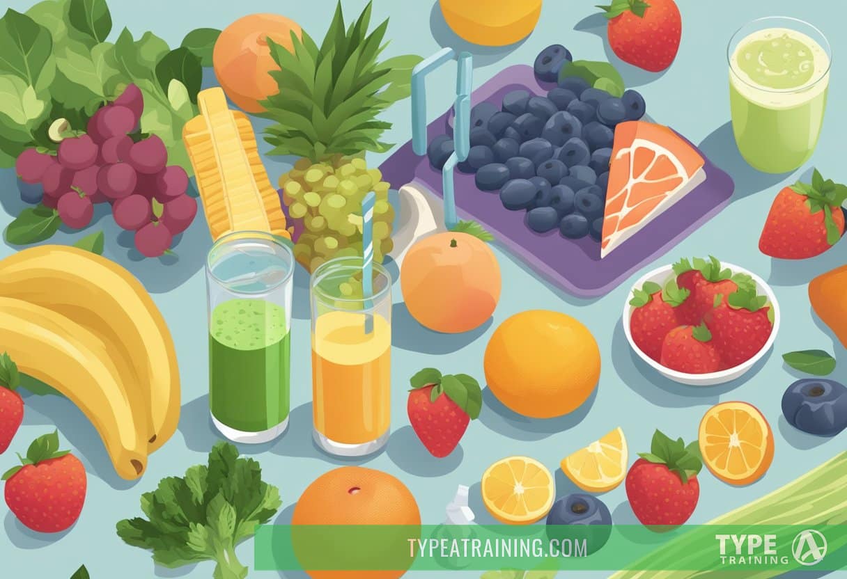 A table filled with colorful fruits, vegetables, and lean proteins, with a glass of water and a protein shake, surrounded by exercise equipment