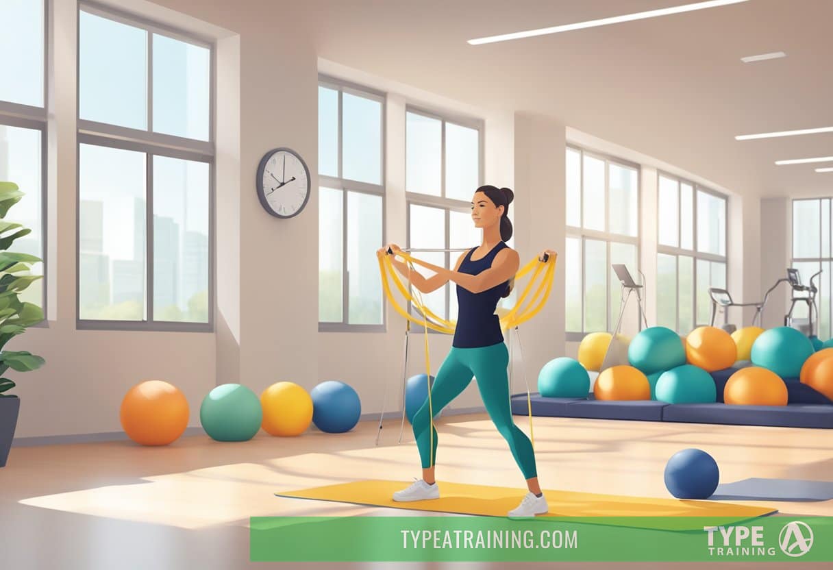 A personal trainer demonstrating low-impact exercises for knee osteoarthritis, using resistance bands and balance equipment in a bright, spacious gym studio