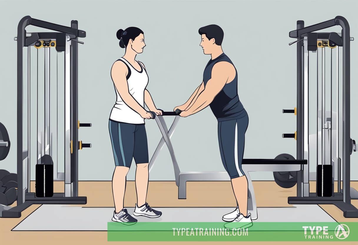 A person performing knee-strengthening exercises with a personal trainer. The trainer demonstrates proper form and provides guidance