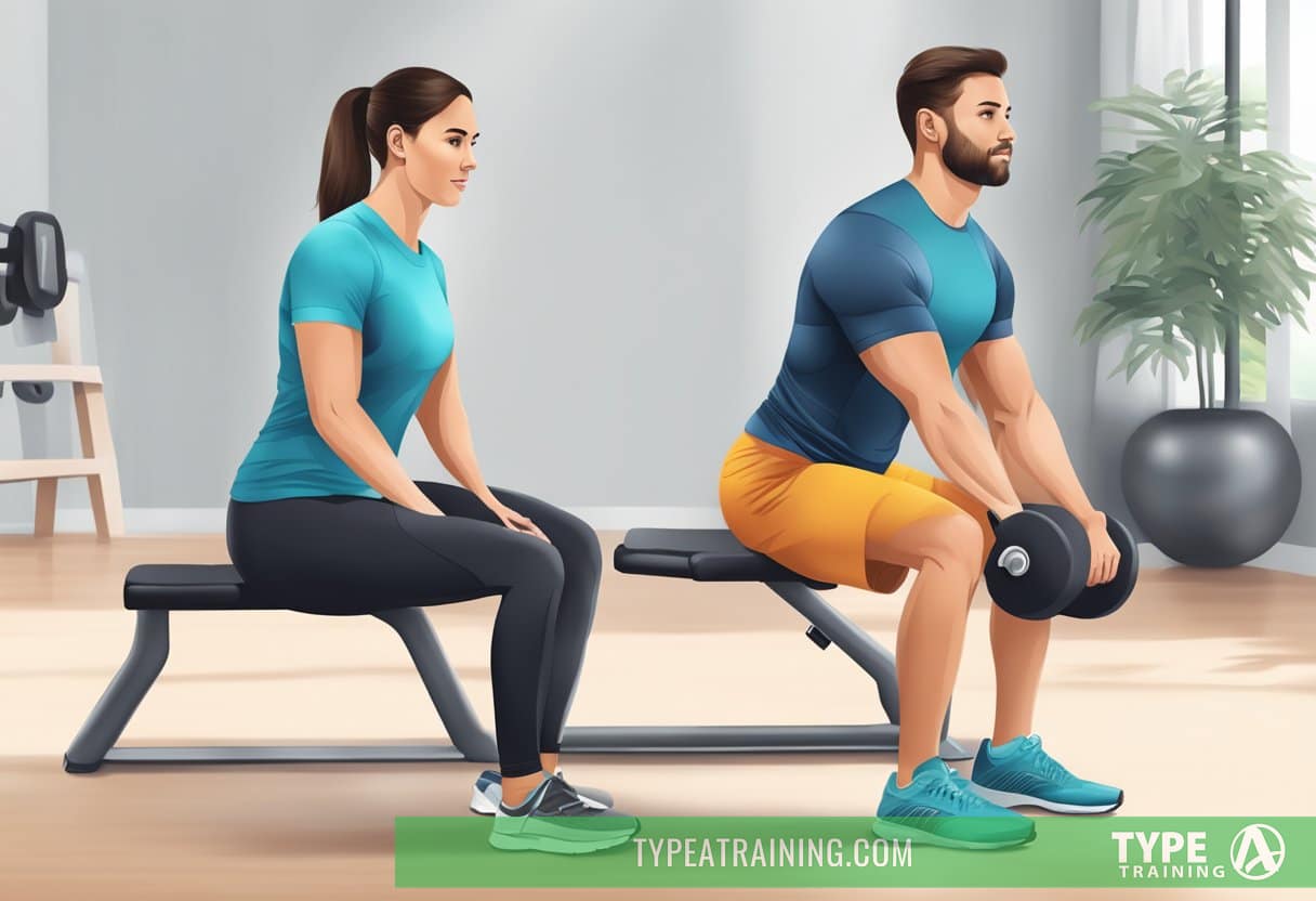 A personal trainer guiding a client through low-impact exercises, focusing on knee strengthening and mobility