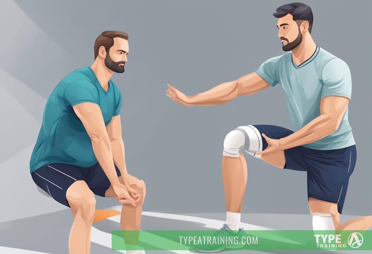 An orthopedic surgeon and a personal trainer discuss knee surgery prevention. The trainer demonstrates exercises and stretches to strengthen the knee