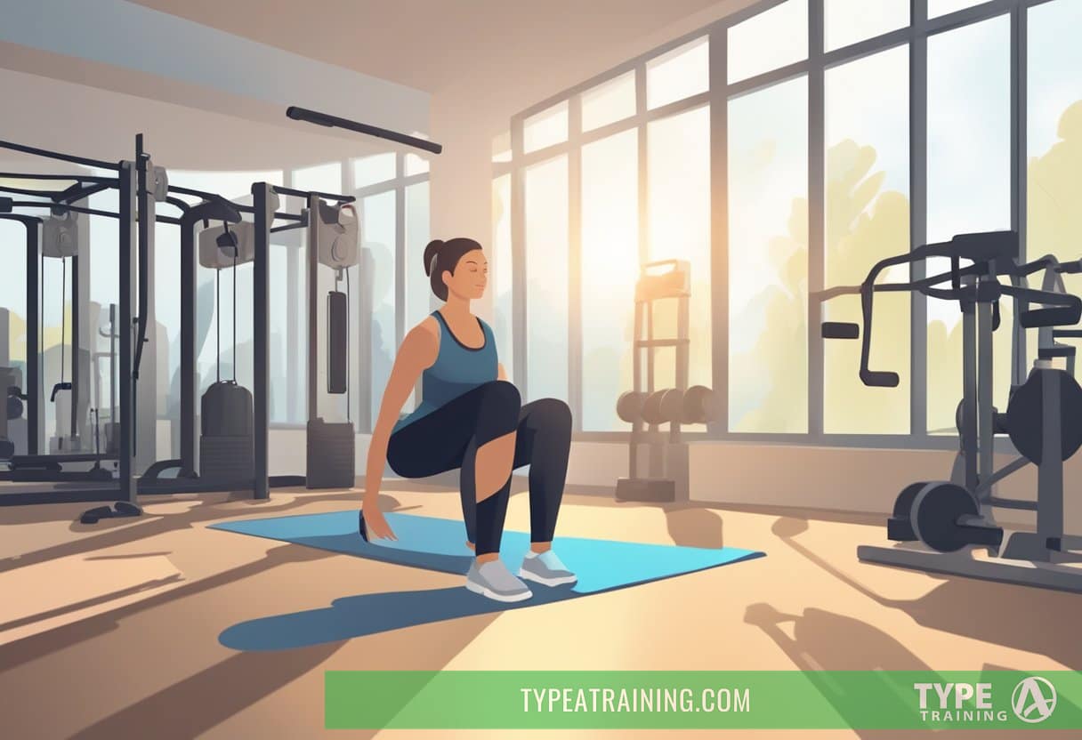 A person with chronic pain performs light exercises under the guidance of a personal trainer in a quiet, sunlit gym