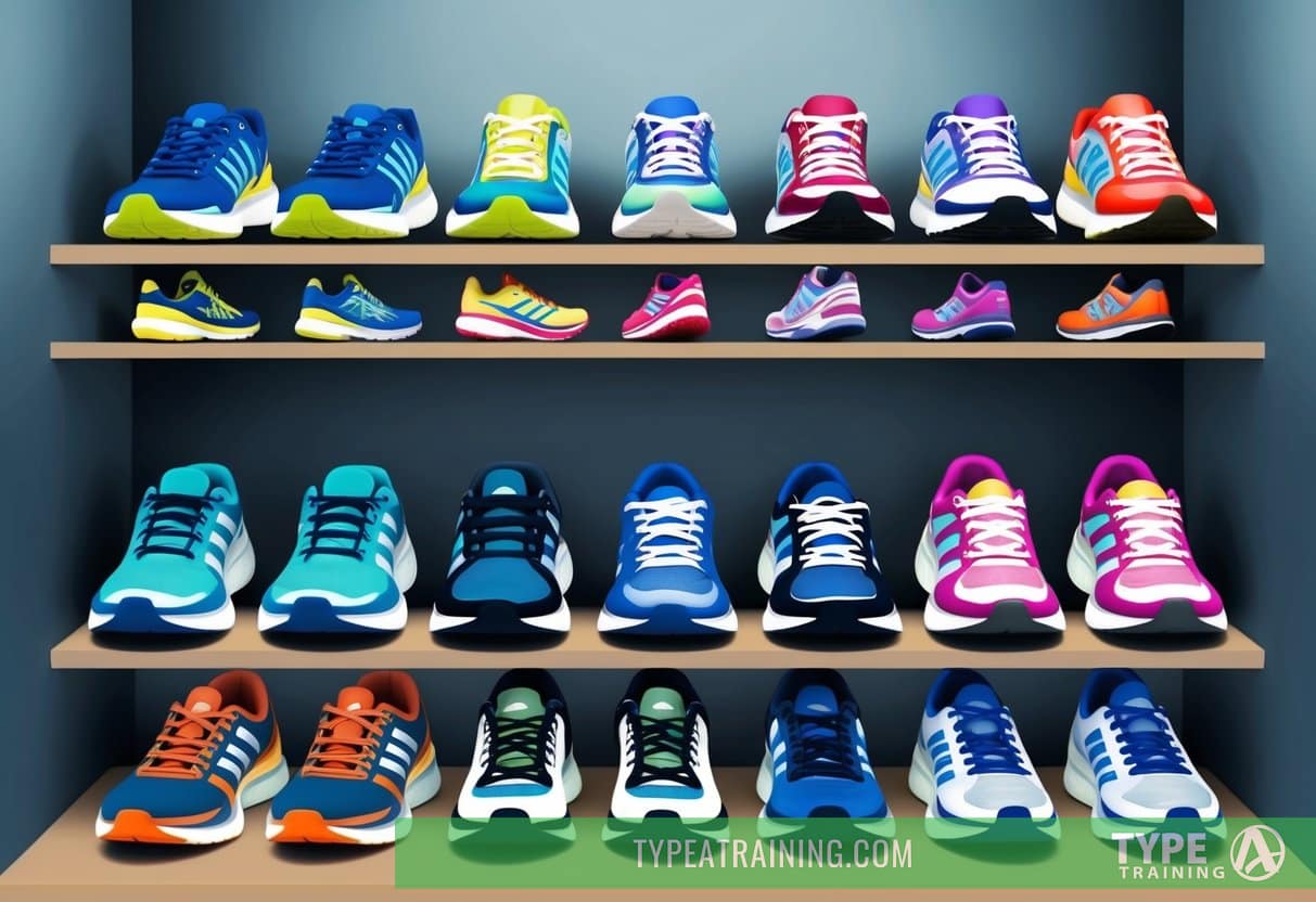 A collection of running shoes arranged neatly on a shelf, with various styles and colors on display