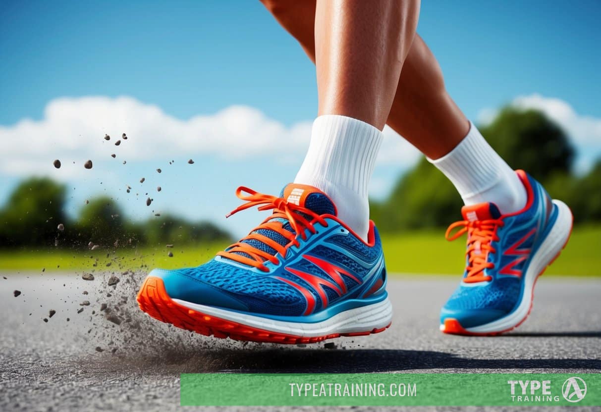 A runner's foot striking the ground, showing pronation in a running shoe