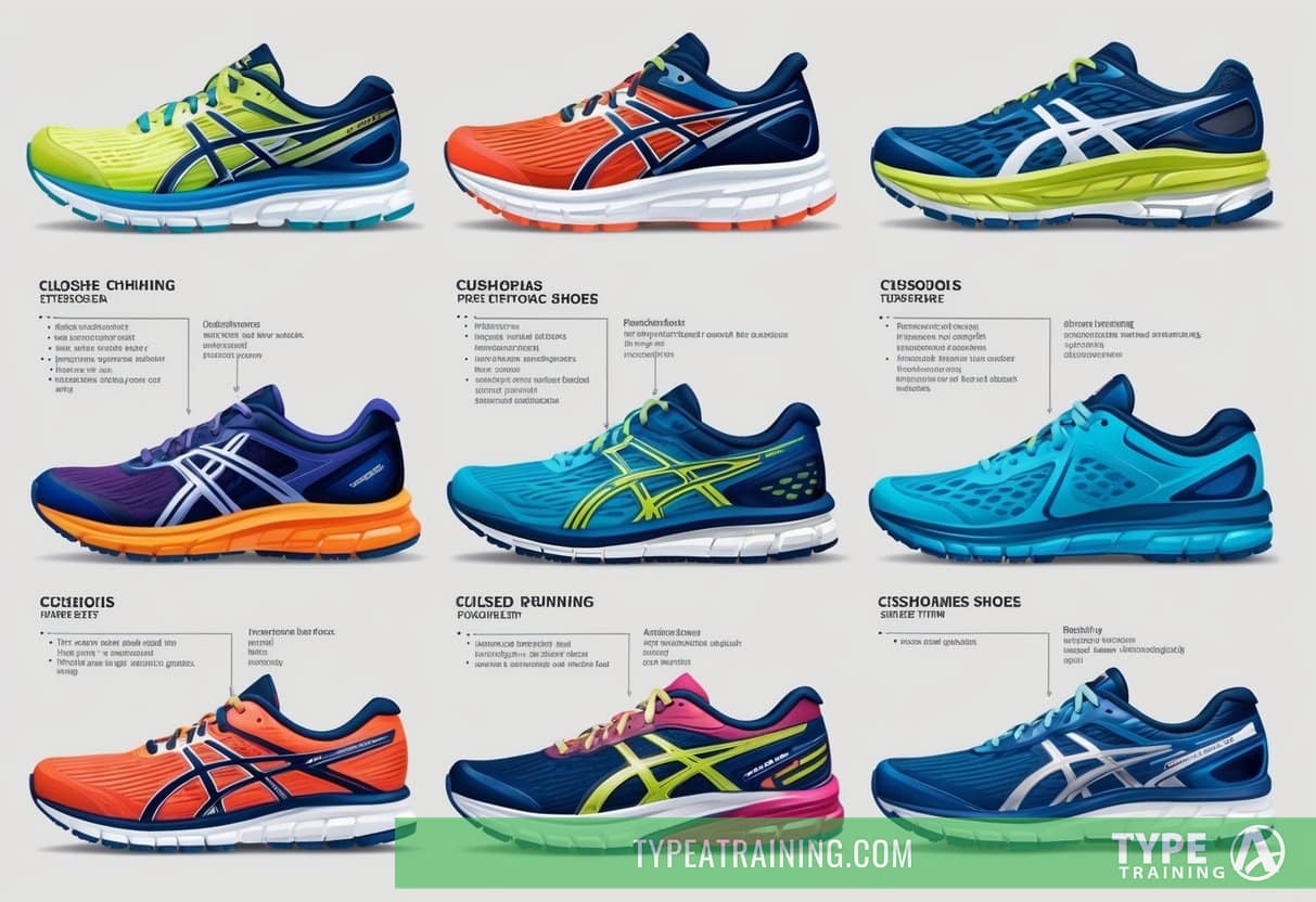 A variety of cushioned running shoes arranged in a line, with labels and diagrams illustrating their different features and terminology