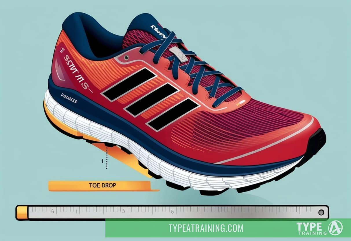 A running shoe with a visible heel-to-toe drop measurement, alongside a ruler or measurement tool for reference