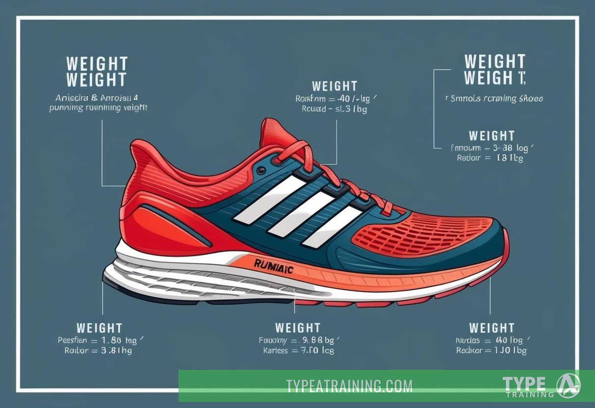 A running shoe with labeled weight terminology displayed