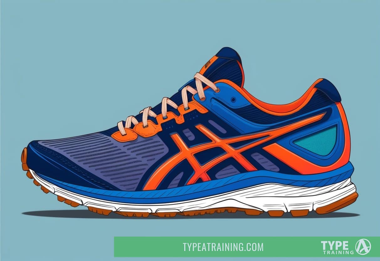 A running shoe with visible components such as the upper, laces, tongue, and heel counter