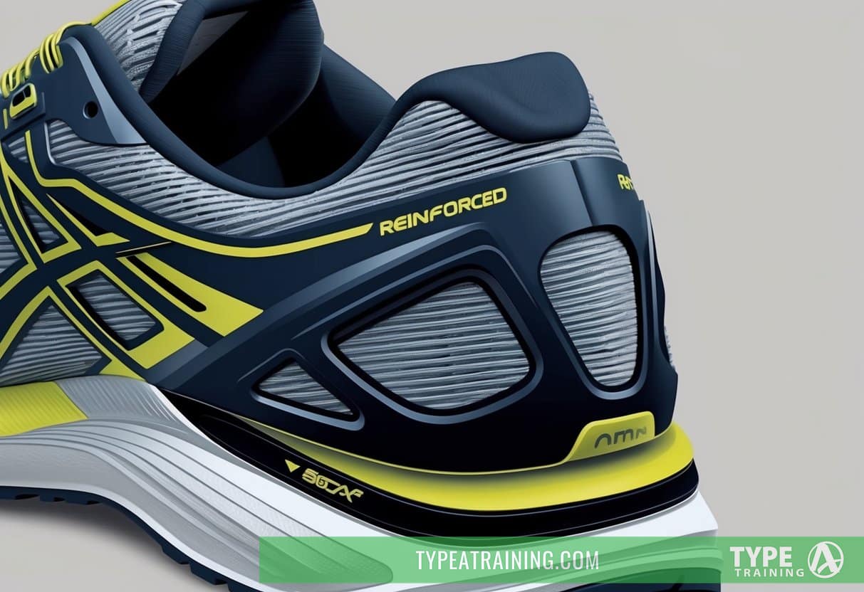 A close-up of a running shoe's heel counter, showing the reinforced structure and materials used in its construction