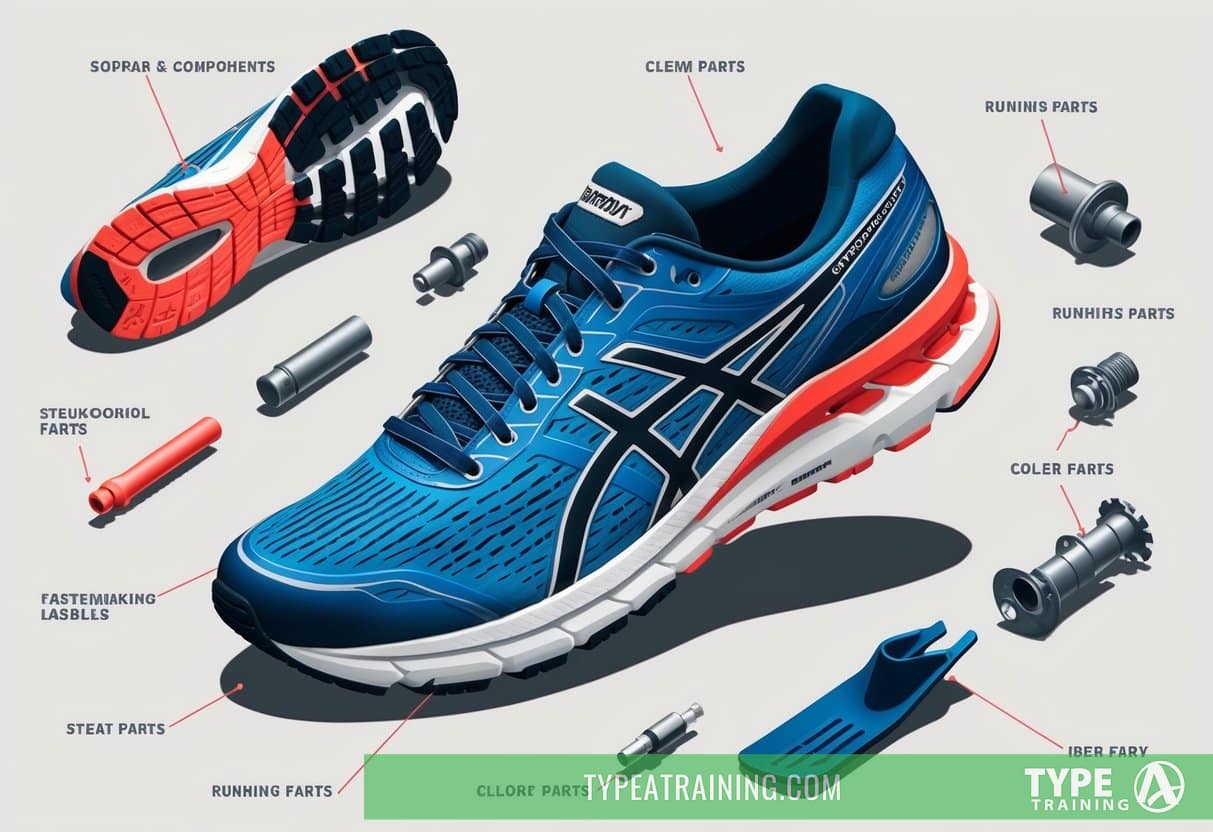 A single running shoe surrounded by various labeled parts and components