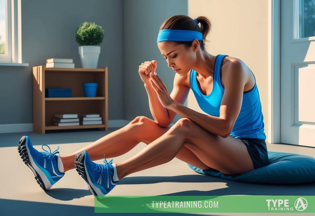 A marathon runner sits in a quiet room, eyes closed, visualizing the race course. Their focused expression conveys determination and mental preparation