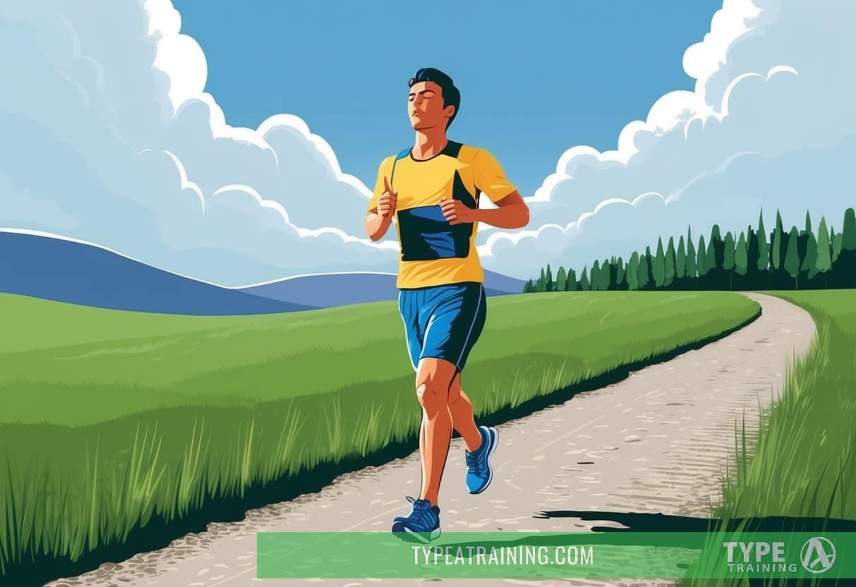 A runner on a path, eyes closed, connecting with surroundings. Mind and body in harmony, feeling the rhythm of each step