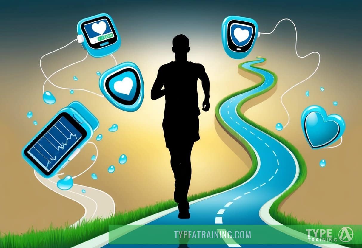 A runner's silhouette, surrounded by heart rate monitors, sweat droplets, and a winding path