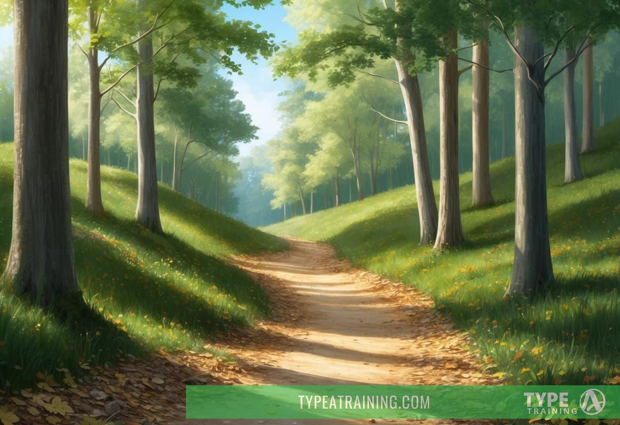 A forest trail winds through dappled sunlight, with soft earth and fallen leaves underfoot. The path leads into the distance, bordered by towering trees