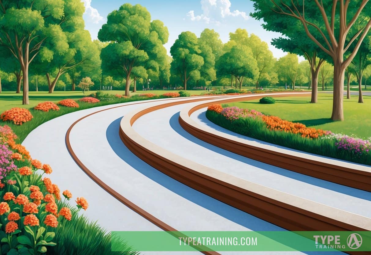 A smooth concrete track winds through a park, surrounded by green trees and vibrant flowers