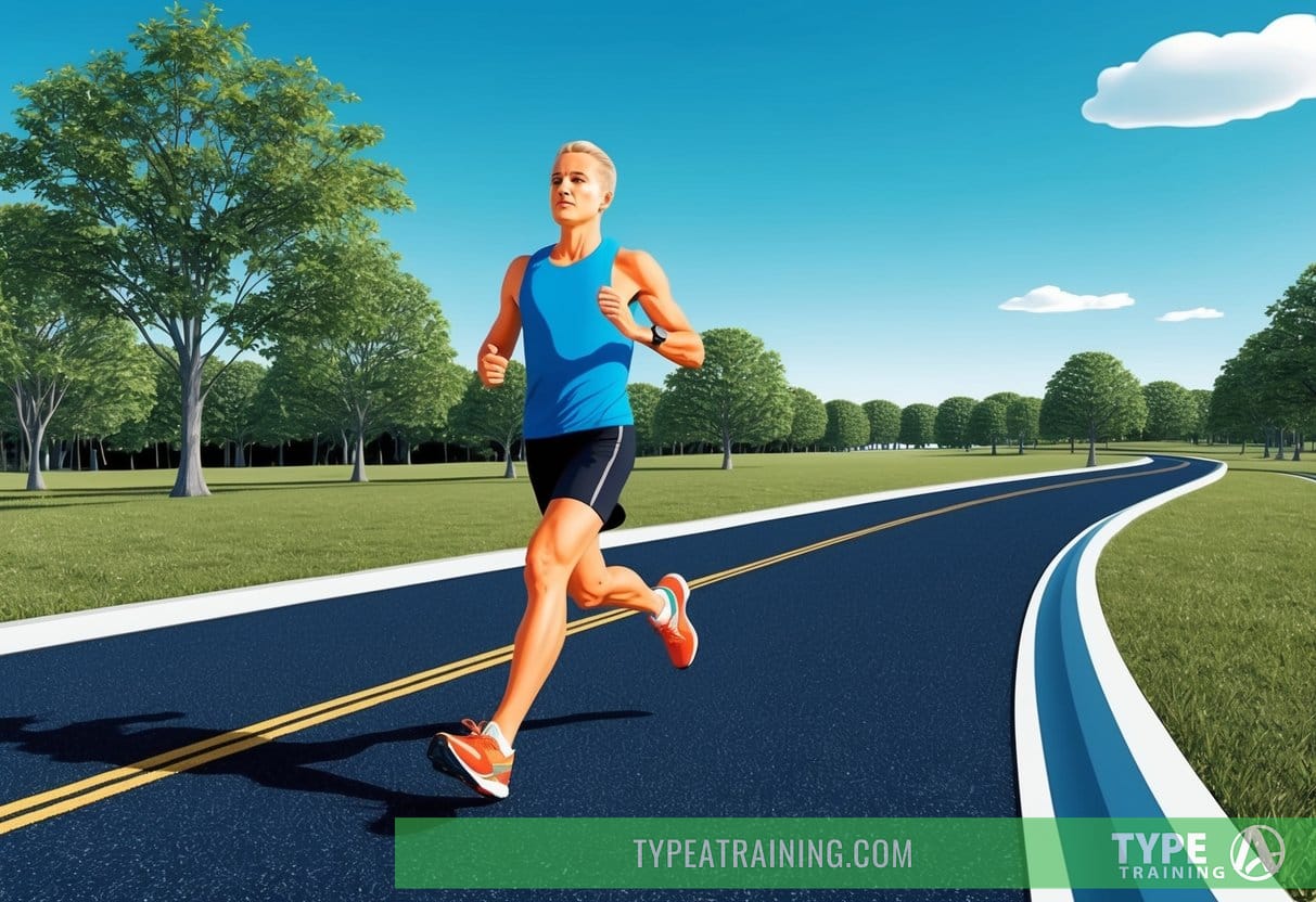 A runner glides along a smooth asphalt path, surrounded by trees and under a clear blue sky