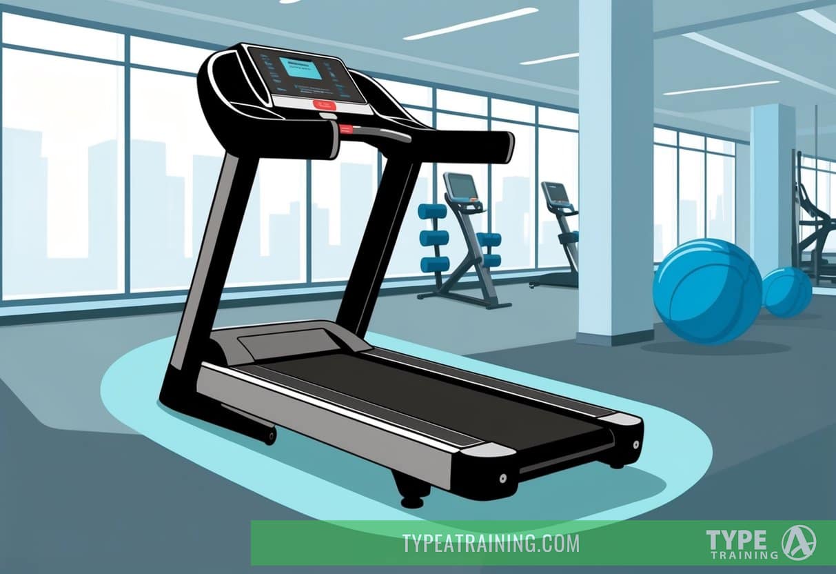 A treadmill with a cushioned, non-slip surface, surrounded by a clean and well-lit gym environment