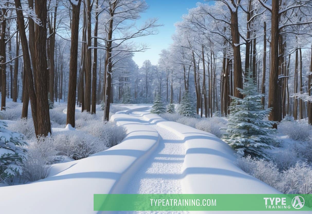 Fresh snow covers a winding trail through a peaceful forest