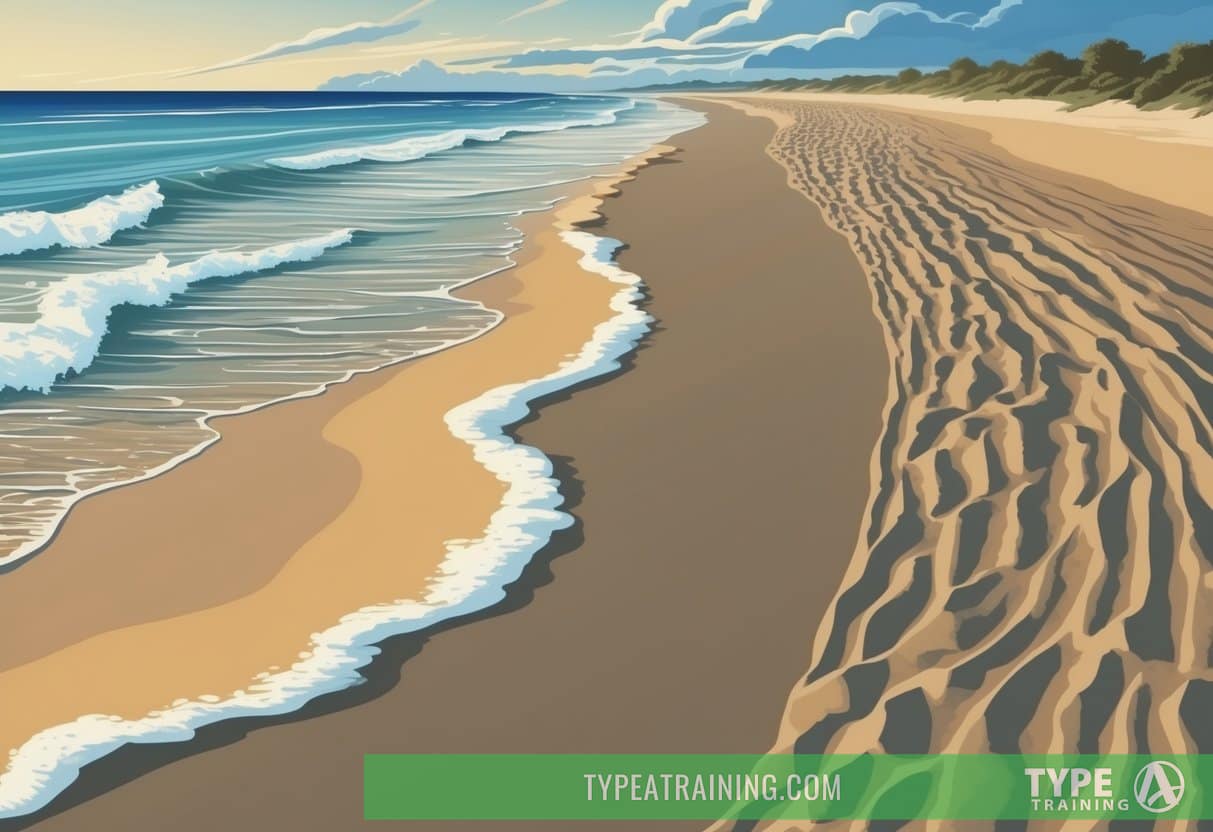 A sandy beach stretches along the shore, with gentle waves lapping at the edge