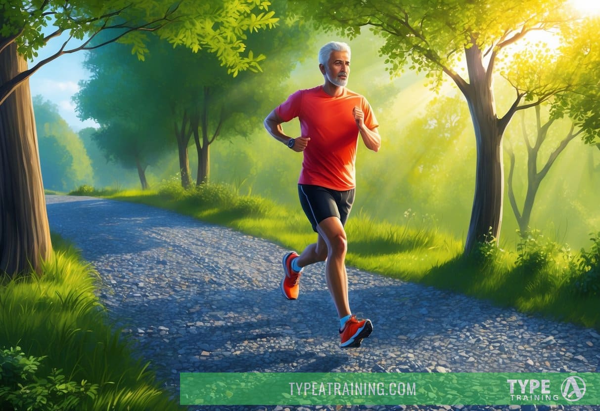 A runner on a gravel path, surrounded by trees and greenery, with sunlight filtering through the leaves