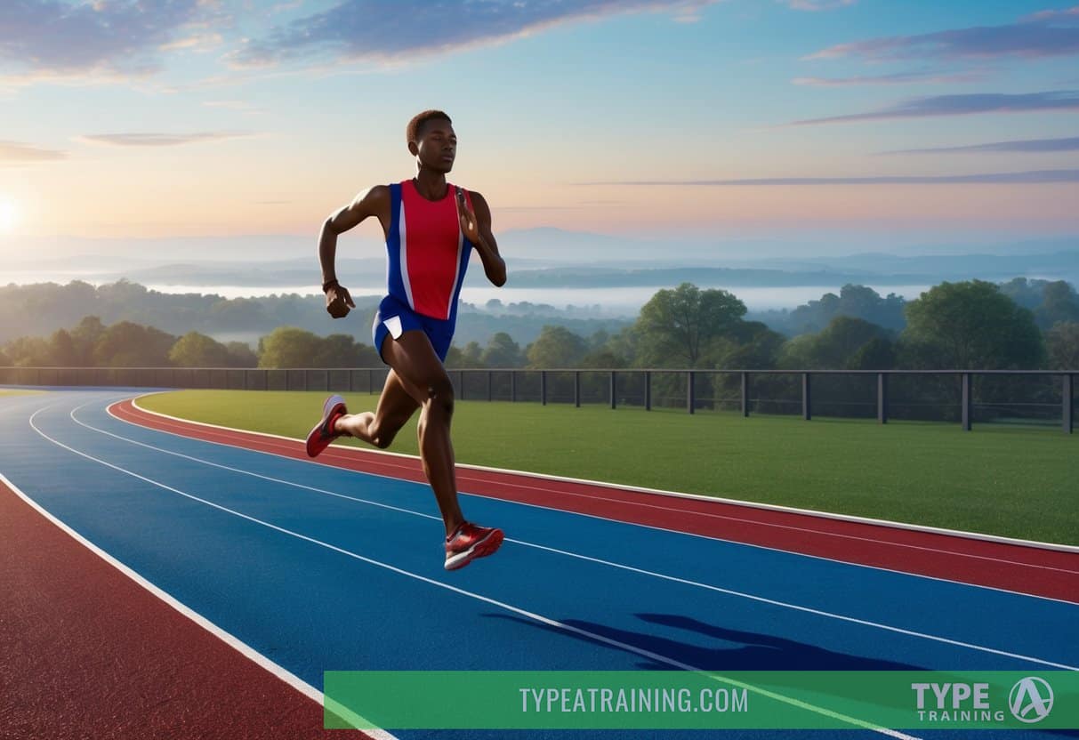A runner glides effortlessly across a cushioned synthetic track, with a backdrop of a serene and scenic landscape