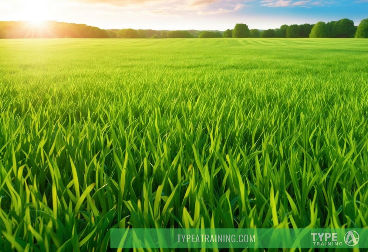 Lush green grass stretches across a vast field, bathed in warm sunlight, creating the perfect surface for running