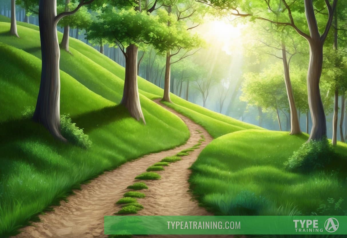 A winding trail through a lush forest with soft, packed dirt and gentle inclines. Sunlight filters through the trees, casting dappled shadows on the ground